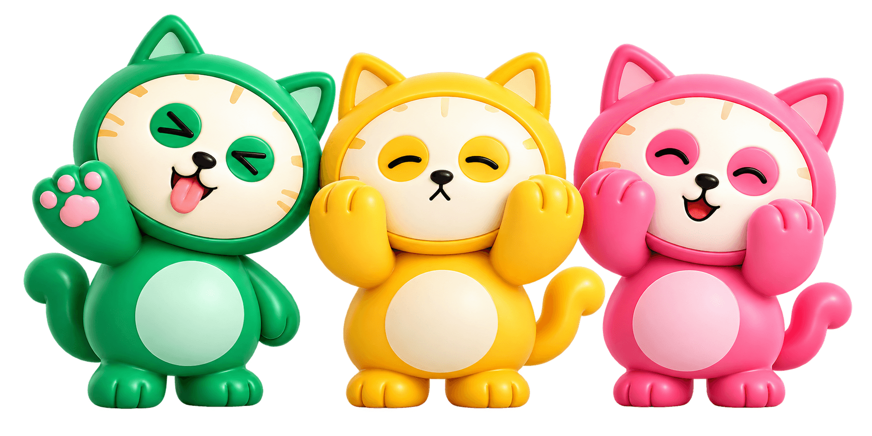 MAYMAYMAY 的 Milo 绿猫、Auri 黄猫和 Yumi 粉猫